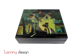 Black rectangular lacquer box engraved with Hanoi Old Quarter painting 27*30cm